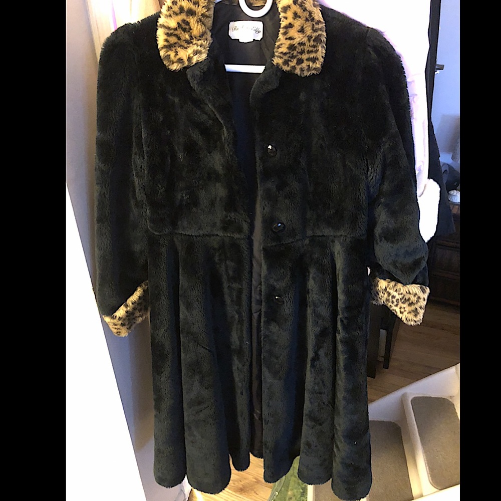 Vintage Faux Fur Coat-black fur with leopard collar and cuffs.